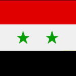 シリア国旗　赤は革命、白は平和、黒は過去の戦争を表す。２つ星はアラブ連合共和国の名残
