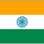 インド国旗　サフラン色、白、緑の3色からなる。サフラン色は、勇気と慈悲深さ、緑は公正と豊作、白は平和と真実を意味している。真ん中の丸い模様は法輪を意味する