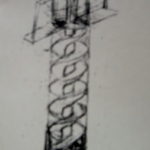 ２重螺旋階段のデッサン　日本語パンフレットより：ダ・ヴィンチが２重螺旋階段を構想したデッサン