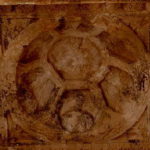 ベル神殿　北至聖所の天井のレリーフ、１２星座が配置された黄道帯のうち側に７つの６角形がある。７曜を表し真ん中にはベル（木曜）が描かれていた