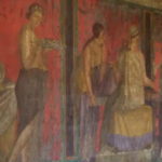 秘儀荘　ディオニュソスの秘儀壁画　供え物を運ぶ娘と清めの儀式を行っている娘