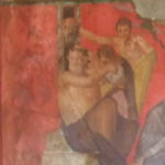 秘儀荘　ディオニュソスの秘儀壁画　ディオニュソスの従者サテュロスに水を与えるシノレス